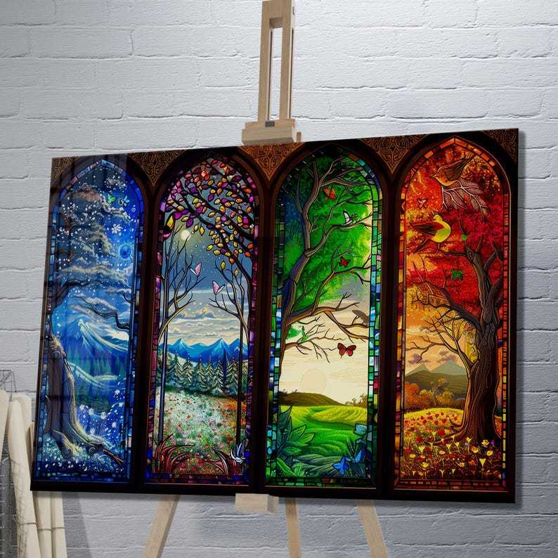 Four Seasons Glass Wall Art – Stained Style Nature Print