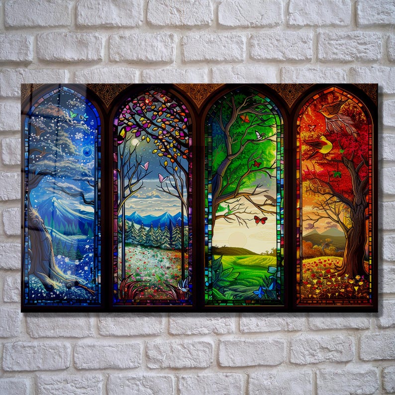 Four Seasons Glass Wall Art – Stained Style Nature Print