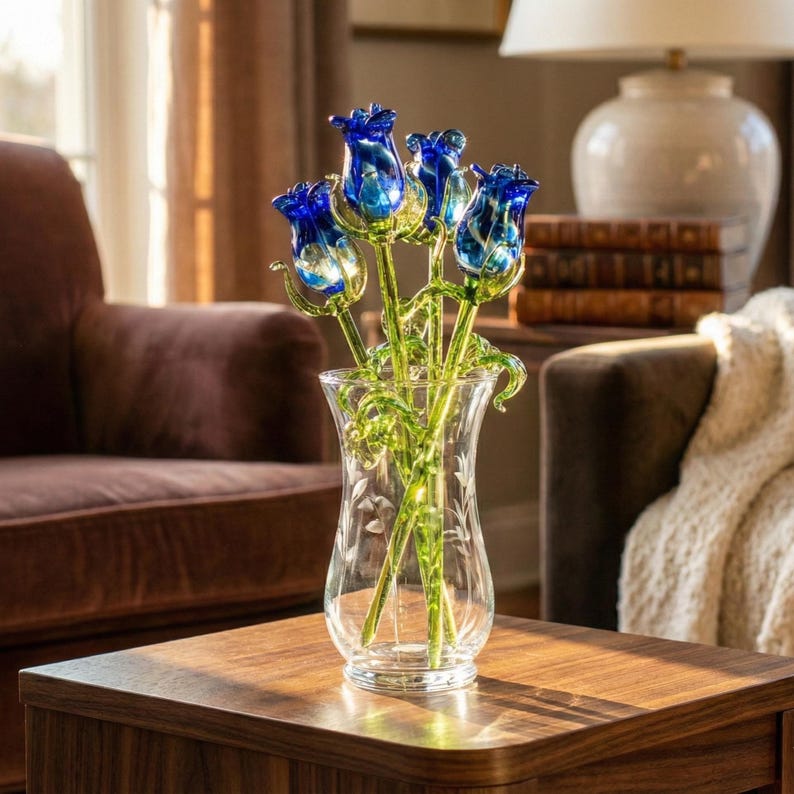 Glass Rose, Blue Glass Flowers Bouquet, Blown Glass Floral Decor