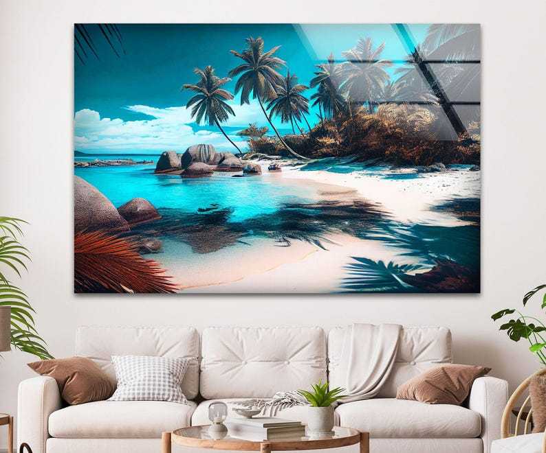 Tropical Beach Paradise Glass Wall Art, Palm Trees Turquoise Ocean Shore Scene Design, Coastal Glass Wall Decor for Modern Homes