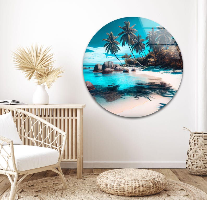 Tropical Beach Paradise Glass Wall Art, Palm Trees Turquoise Ocean Shore Scene Design, Coastal Glass Wall Decor for Modern Homes