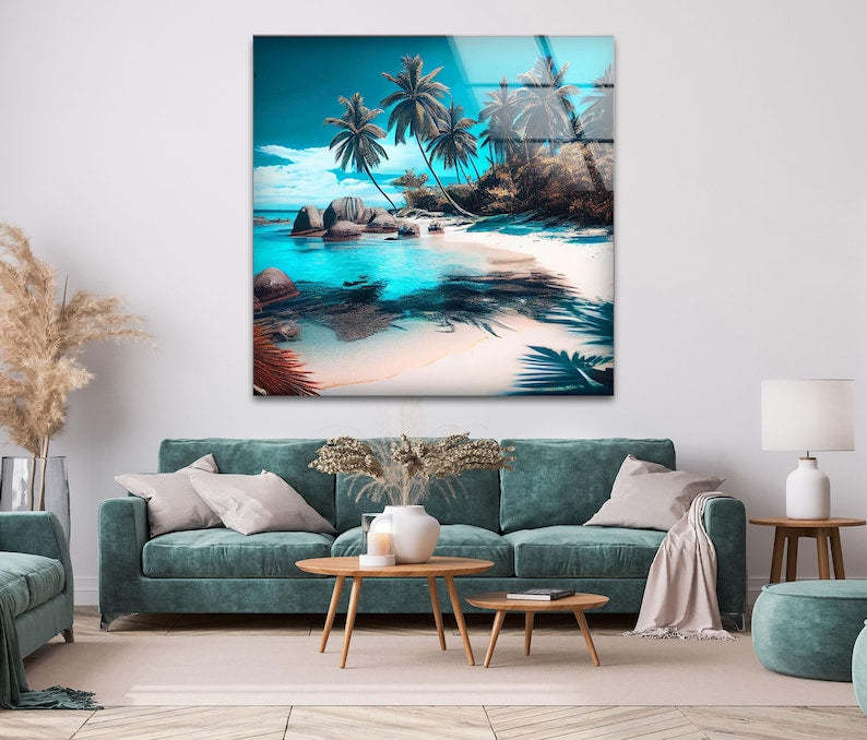 Tropical Beach Paradise Glass Wall Art, Palm Trees Turquoise Ocean Shore Scene Design, Coastal Glass Wall Decor for Modern Homes