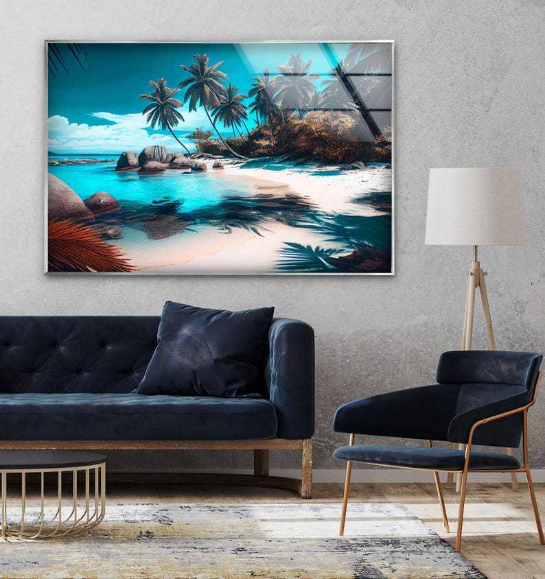 Tropical Beach Paradise Glass Wall Art, Palm Trees Turquoise Ocean Shore Scene Design, Coastal Glass Wall Decor for Modern Homes