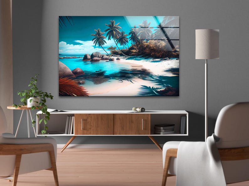 Tropical Beach Paradise Glass Wall Art, Palm Trees Turquoise Ocean Shore Scene Design, Coastal Glass Wall Decor for Modern Homes