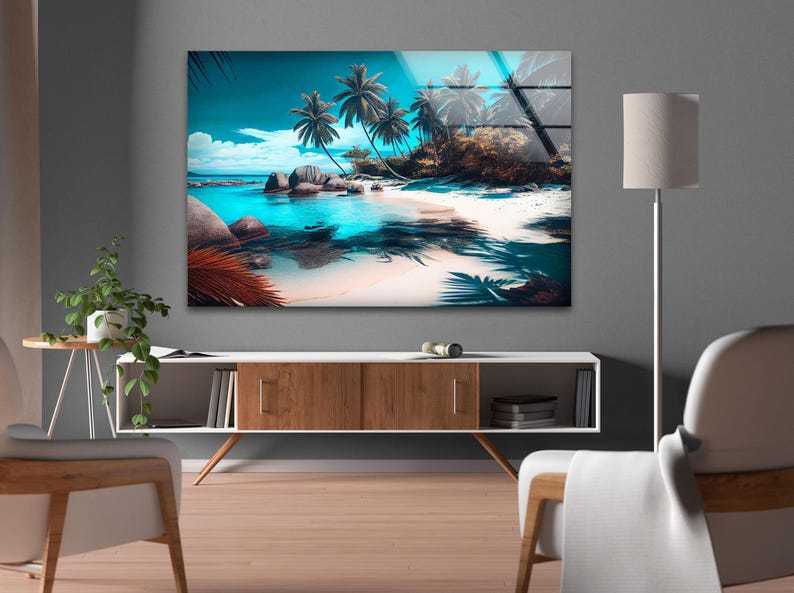 Tropical Beach Paradise Glass Wall Art, Palm Trees Turquoise Ocean Shore Scene Design, Coastal Glass Wall Decor for Modern Homes