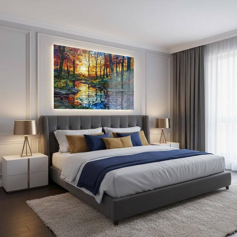 Stained Glass Forest River Tempered Wall Art | Tree Painting Print | Landscape Sunset Lake Glass Wall Art