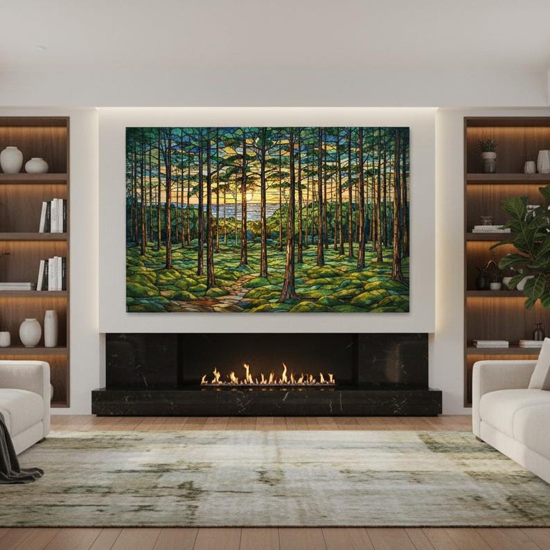 Stained Glass Forest Tempered Wall Art | Tree Painting Print | Landscape Sunset Glass Wall Art