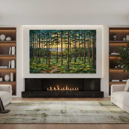 Stained Glass Forest Tempered Wall Art | Tree Painting Print | Landscape Sunset Glass Wall Art