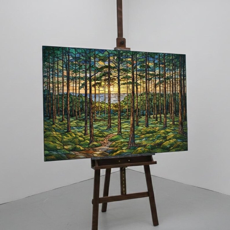 Stained Glass Forest Tempered Wall Art | Tree Painting Print | Landscape Sunset Glass Wall Art