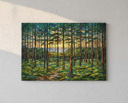 Stained Glass Forest Tempered Wall Art | Tree Painting Print | Landscape Sunset Glass Wall Art