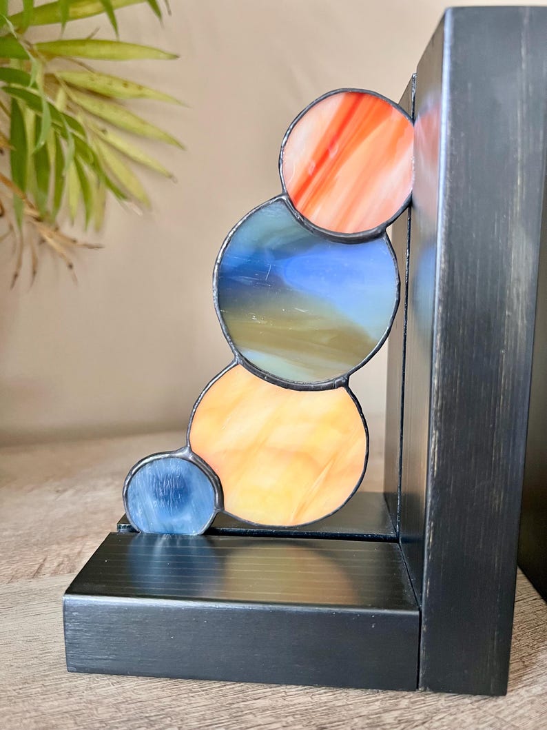 Stained Glass Planets Bookends, Celestial Shelf Decor