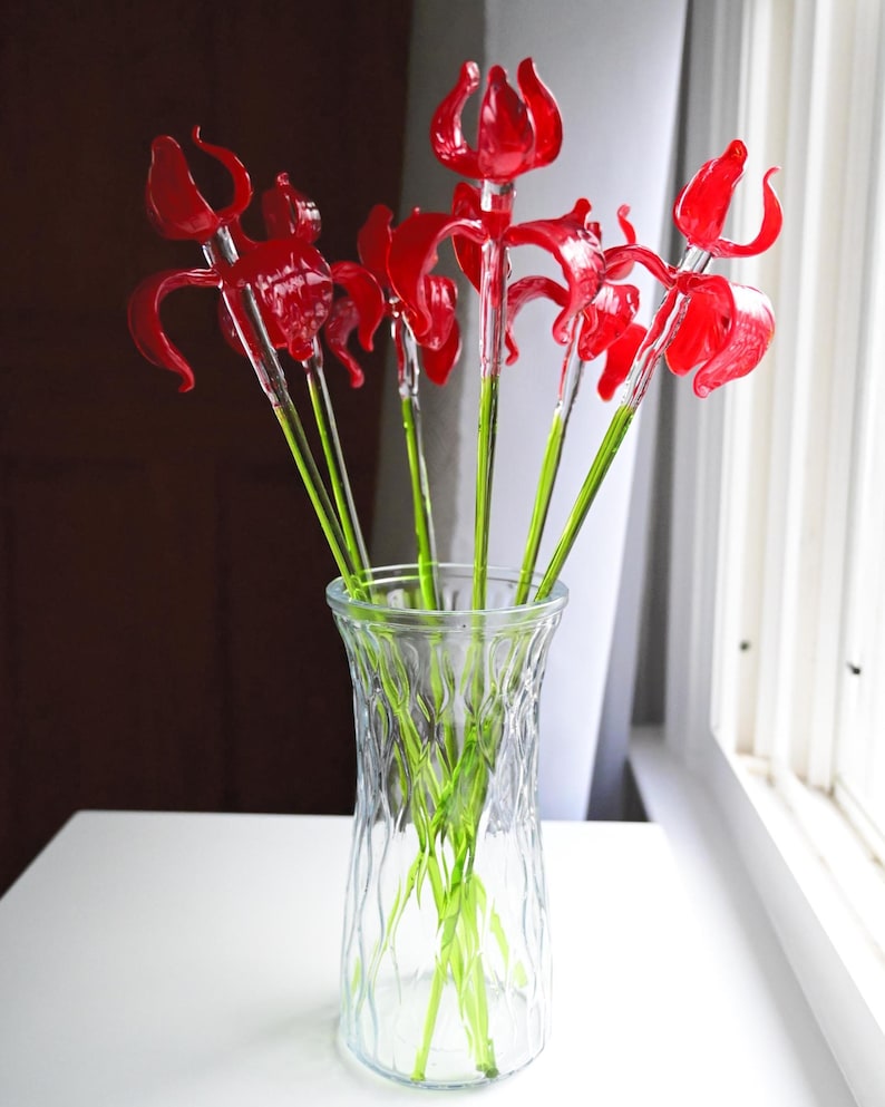 Red Glass Iris - Glass Flowers Bouquet - Hand Blown Glass Flowers with Stems - Valentines day Gift for Her Handmade