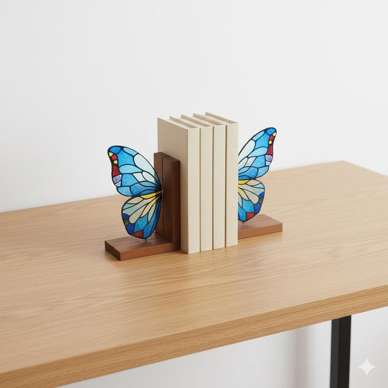 Butterfly Bookends Kit – Stained Glass Style Acrylic & Wood Shelf Decor