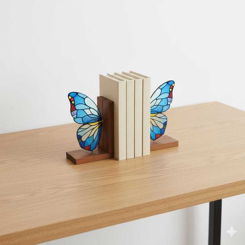 Butterfly Bookends Kit – Stained Glass Style Acrylic & Wood Shelf Decor
