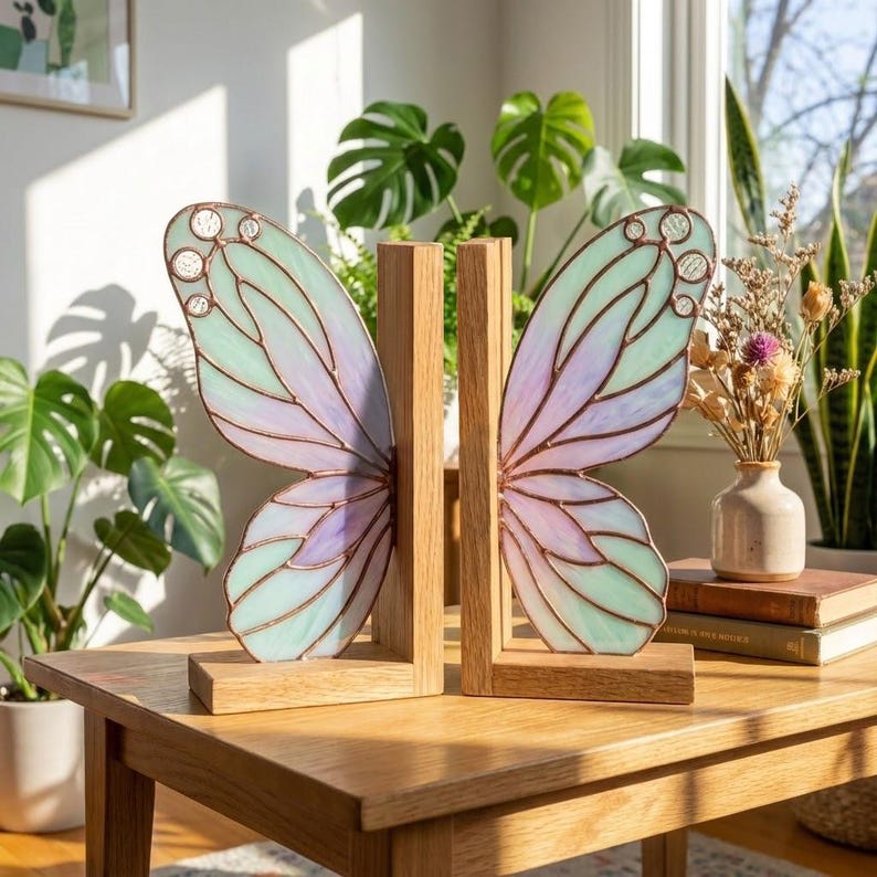 Stained Glass Butterfly Bookends, Fairy Wings Book Holder, Iridescent Glass Bookshelf Decor, Wooden Base, Cottagecore Gift for Book Lover