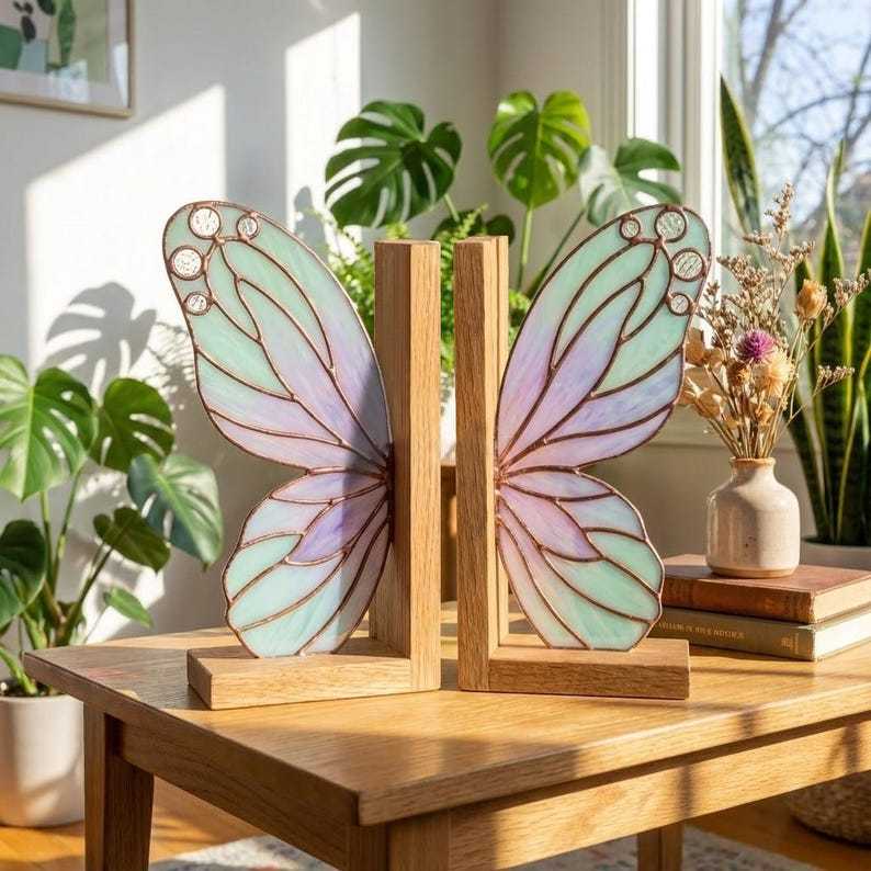 Stained Glass Butterfly Bookends, Fairy Wings Book Holder, Iridescent Glass Bookshelf Decor, Wooden Base, Cottagecore Gift for Book Lover