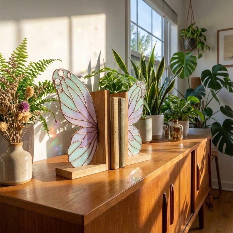 Stained Glass Butterfly Bookends, Fairy Wings Book Holder, Iridescent Glass Bookshelf Decor, Wooden Base, Cottagecore Gift for Book Lover