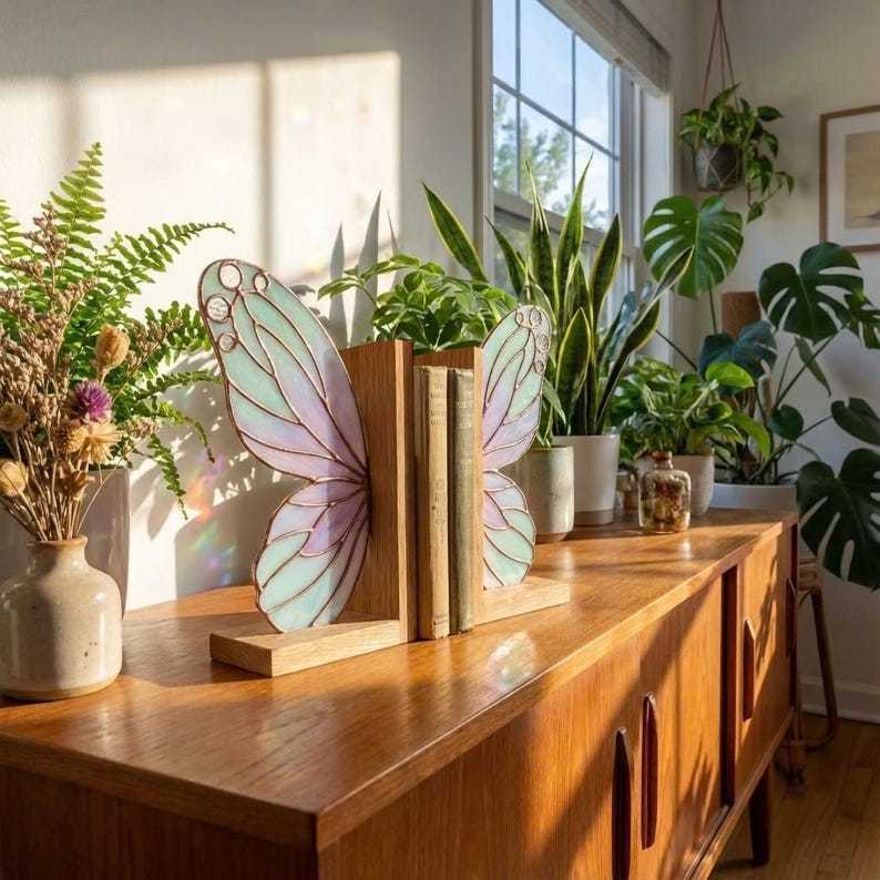 Stained Glass Butterfly Bookends, Fairy Wings Book Holder, Iridescent Glass Bookshelf Decor, Wooden Base, Cottagecore Gift for Book Lover