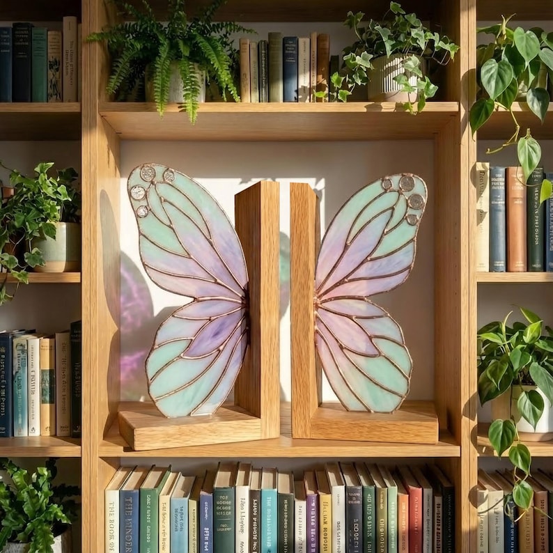 Stained Glass Butterfly Bookends, Fairy Wings Book Holder, Iridescent Glass Bookshelf Decor, Wooden Base, Cottagecore Gift for Book Lover