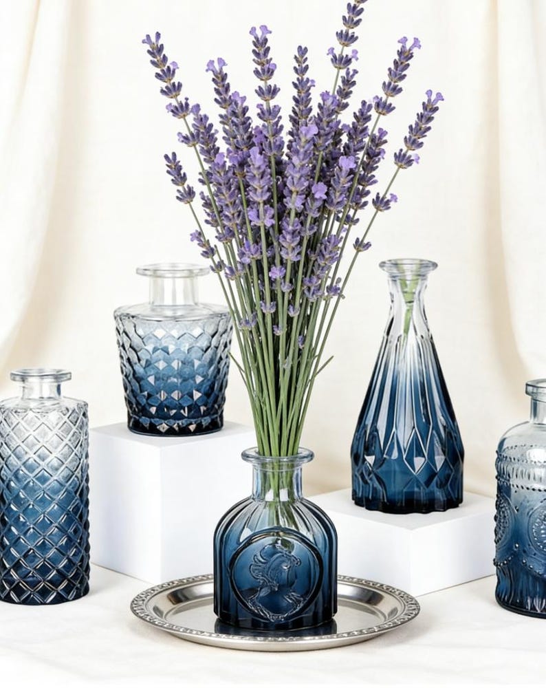 Glass Bud Vase Set of 5, Vintage Etched Flower Centerpiece