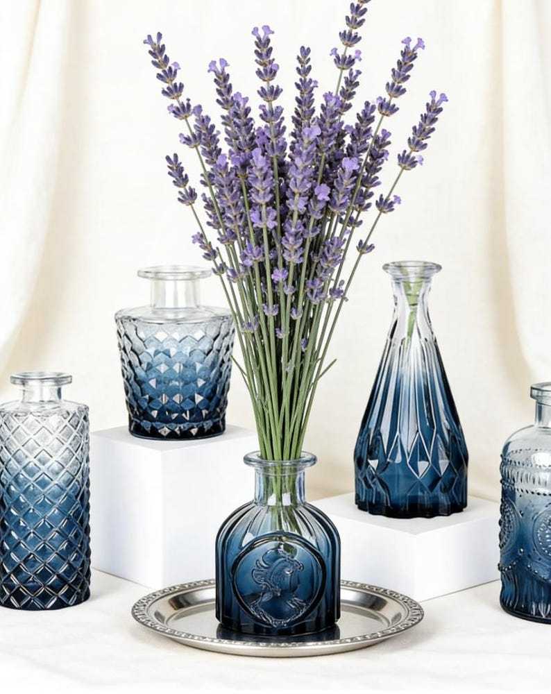 Glass Bud Vase Set of 5, Vintage Etched Flower Centerpiece