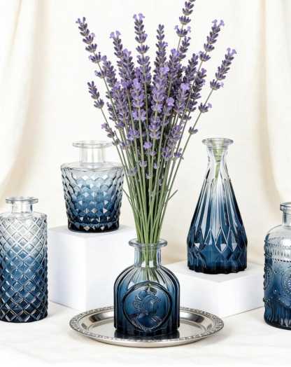 Glass Bud Vase Set of 5, Vintage Etched Flower Centerpiece