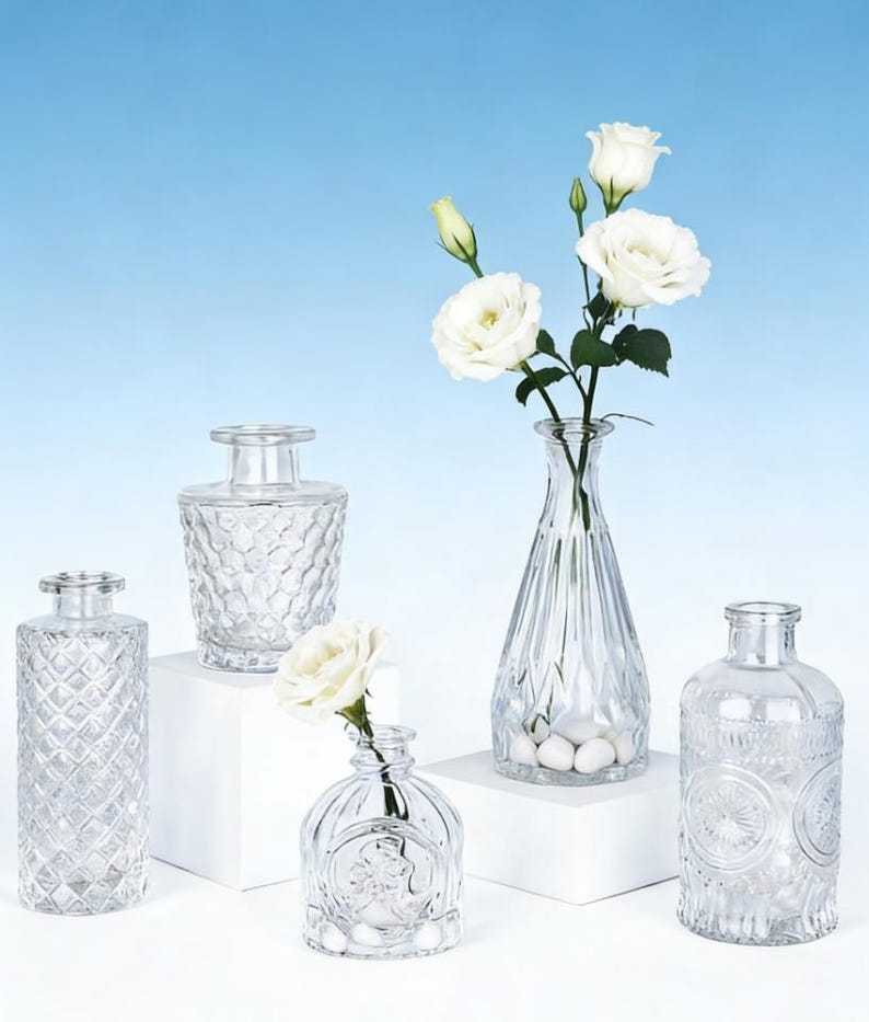 Glass Bud Vase Set of 5, Vintage Etched Flower Centerpiece