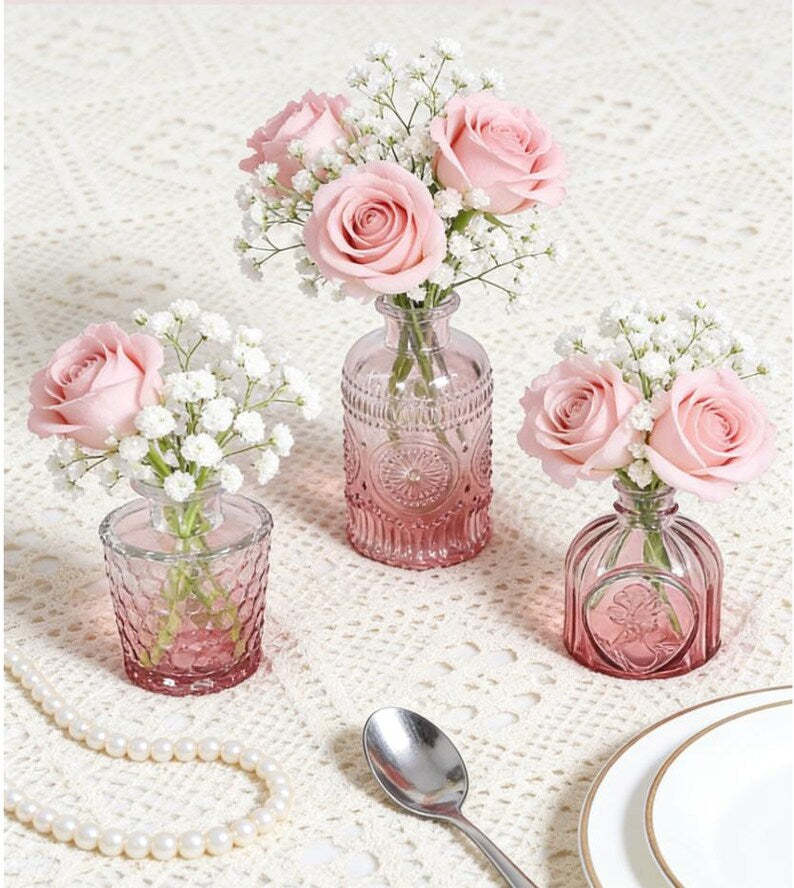 Glass Bud Vase Set of 5, Vintage Etched Flower Centerpiece