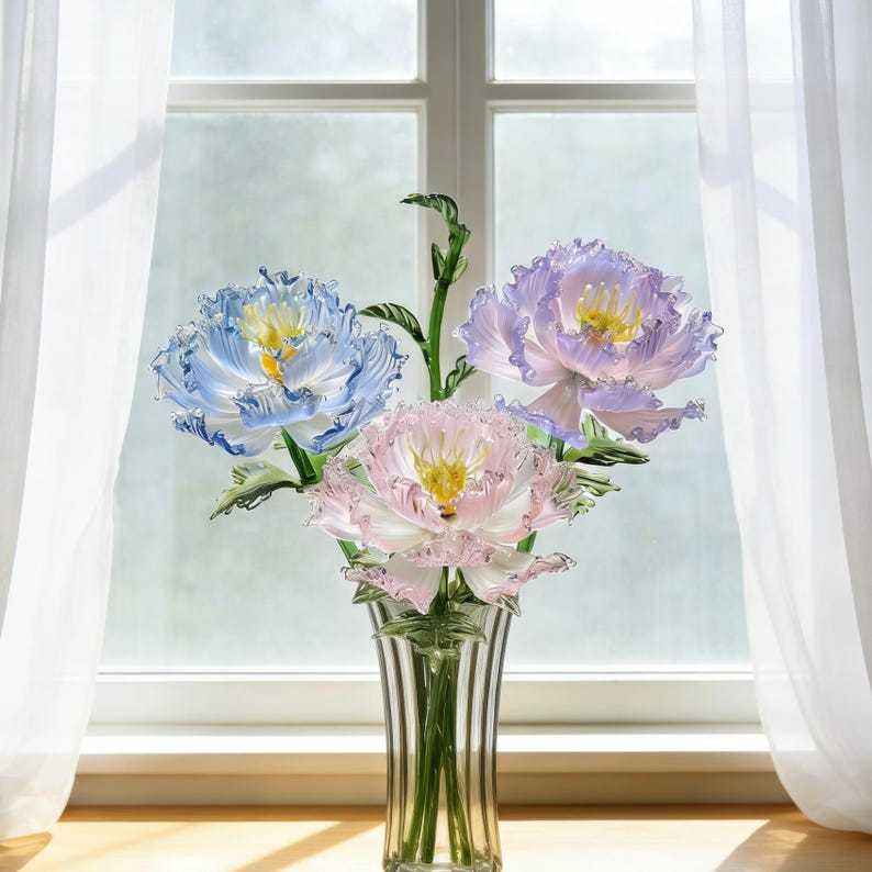 Peony Glass Flower Sculpture, Blown Glass Floral Art Bouquet Decor