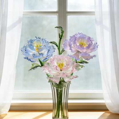 Peony Glass Flower Sculpture, Blown Glass Floral Art Bouquet Decor
