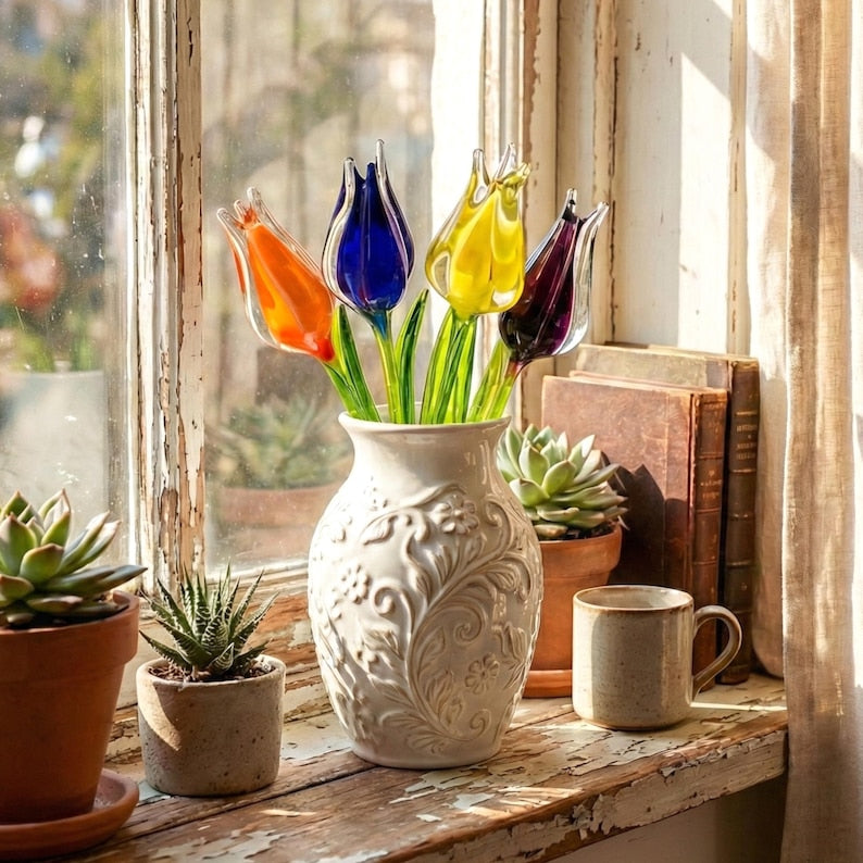 Glass Tulip Flowers, Blown Glass Flowers Bouquet - Glass Birth Month Flower - Tulip Glass Flowers with Stems - Birthday Day Gift for Her