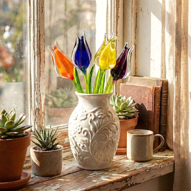 Glass Tulip Flowers, Blown Glass Flowers Bouquet - Glass Birth Month Flower - Tulip Glass Flowers with Stems - Birthday Day Gift for Her
