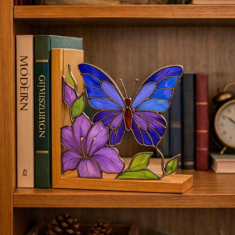 Tiffany Glass Hummingbird Stained Glass Bookends, Bird Shelf Decor