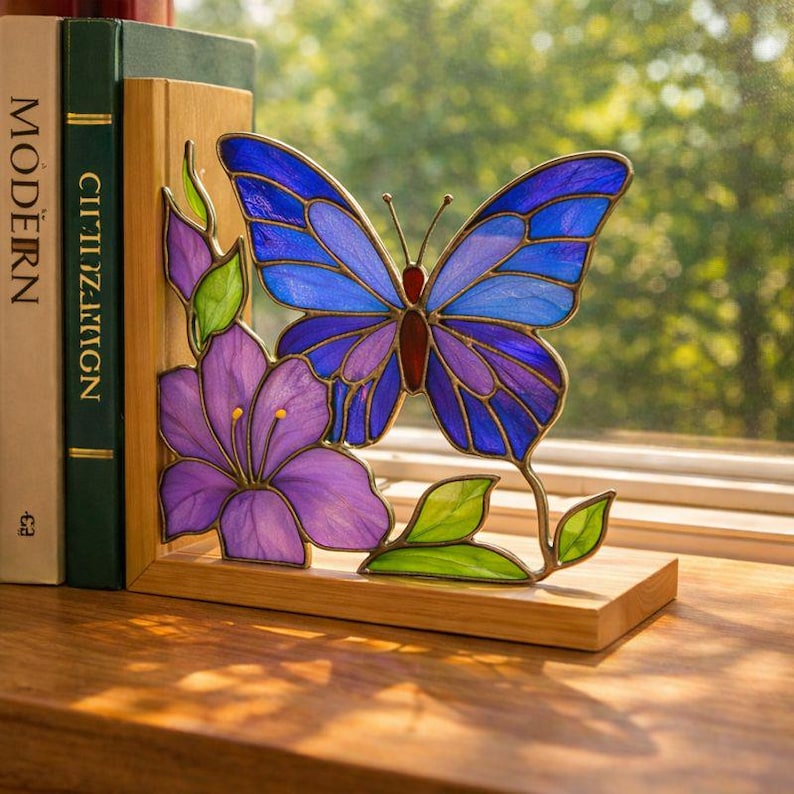 Tiffany Glass Hummingbird Stained Glass Bookends, Bird Shelf Decor