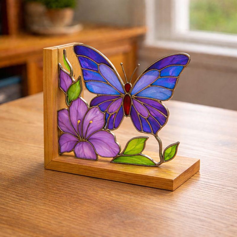 Tiffany Glass Hummingbird Stained Glass Bookends, Bird Shelf Decor