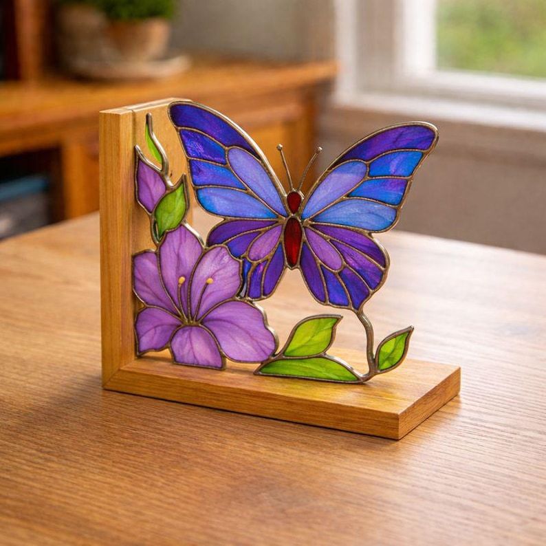 Tiffany Glass Hummingbird Stained Glass Bookends, Bird Shelf Decor