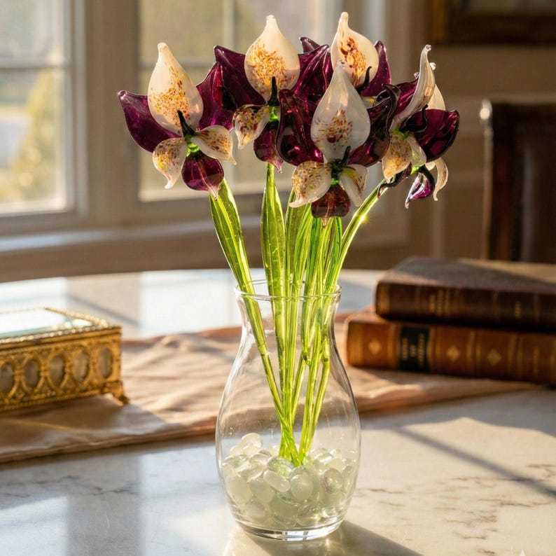 Deep Purple Glass Orchid Flower, Easter Glass Stem Floral Decor