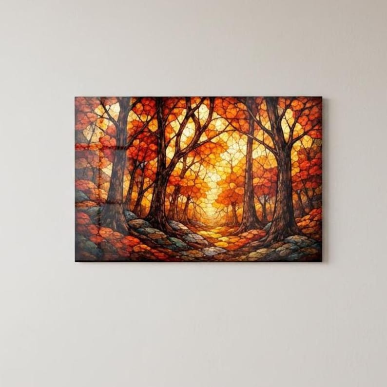 Autumn Forest Glass Wall Art – Stained Style Nature Print