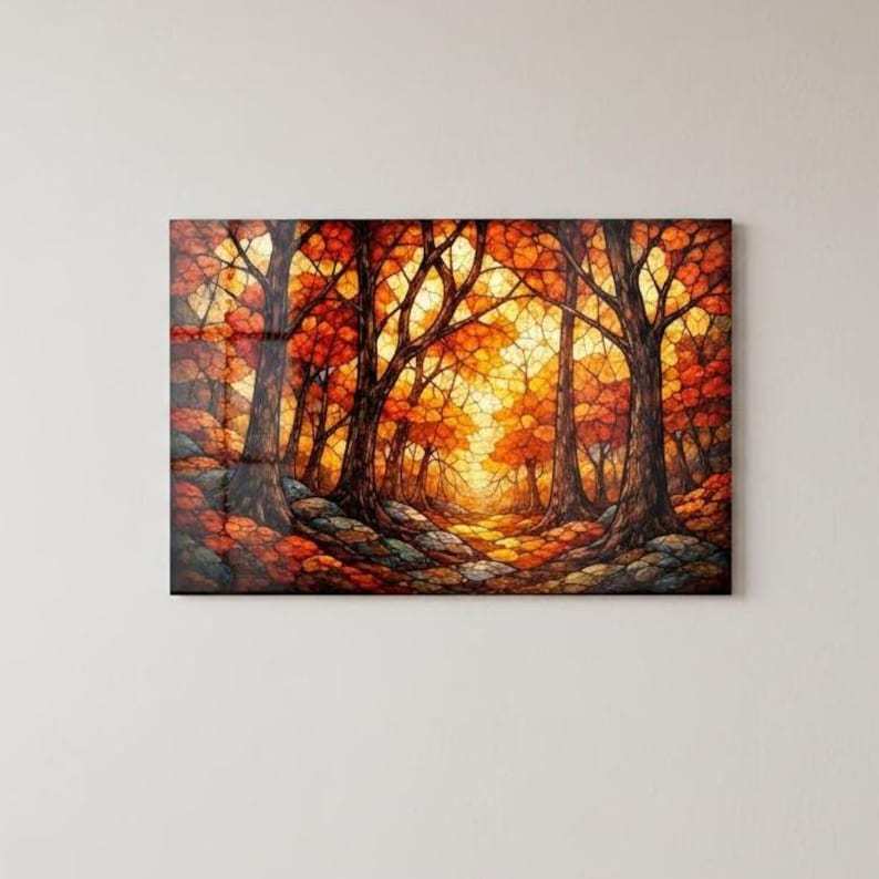 Autumn Forest Glass Wall Art – Stained Style Nature Print