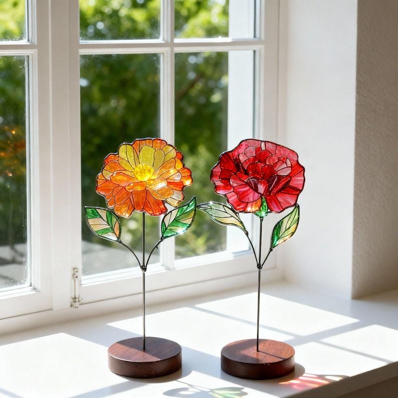Stained Glass Birth Month Flower Stake, Floral Suncatcher Garden Decor