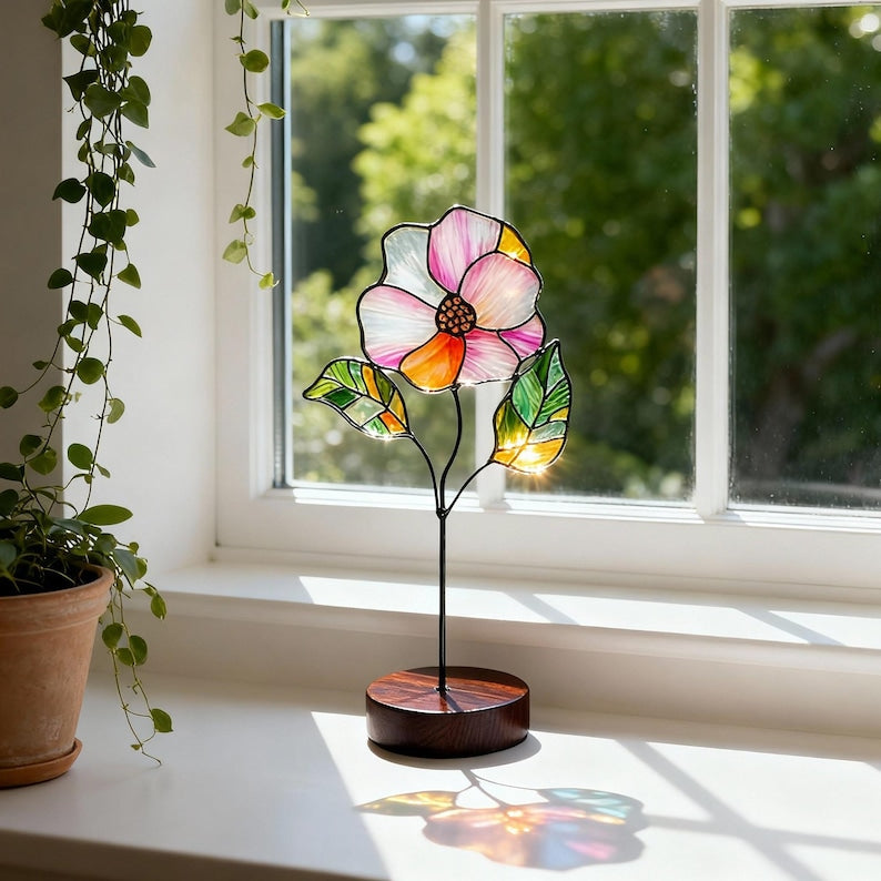 Stained Glass Birth Month Flower Stake, Floral Suncatcher Garden Decor