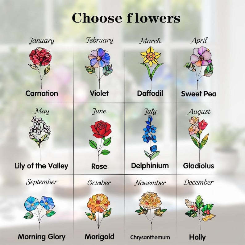 Stained Glass Birth Month Flower Stake, Floral Suncatcher Garden Decor