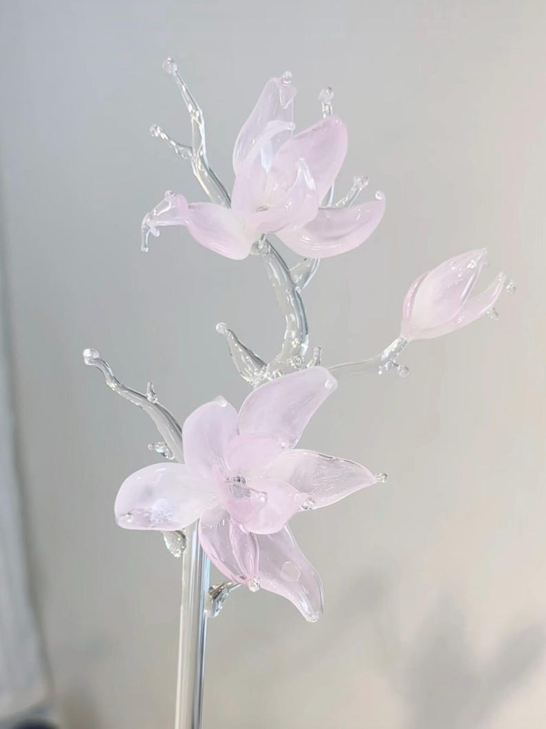 Handmade Pink Glass Magnolia Flower Sculpture, Elegant Home Decor