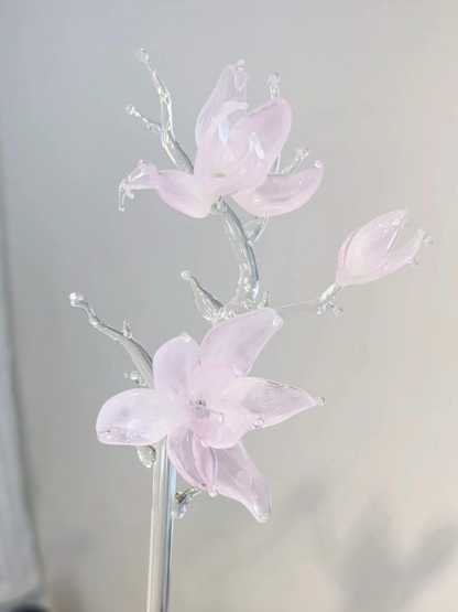 Handmade Pink Glass Magnolia Flower Sculpture, Elegant Home Decor