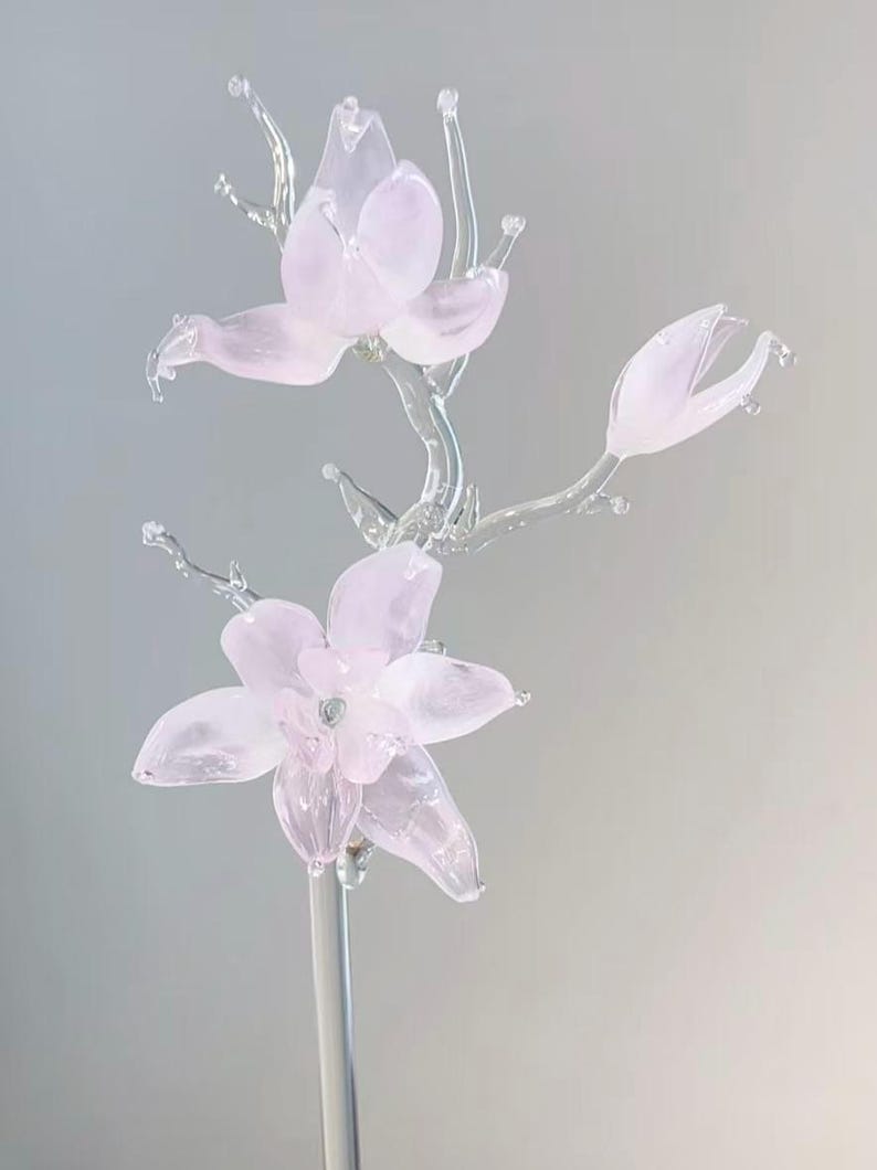 Handmade Pink Glass Magnolia Flower Sculpture, Elegant Home Decor