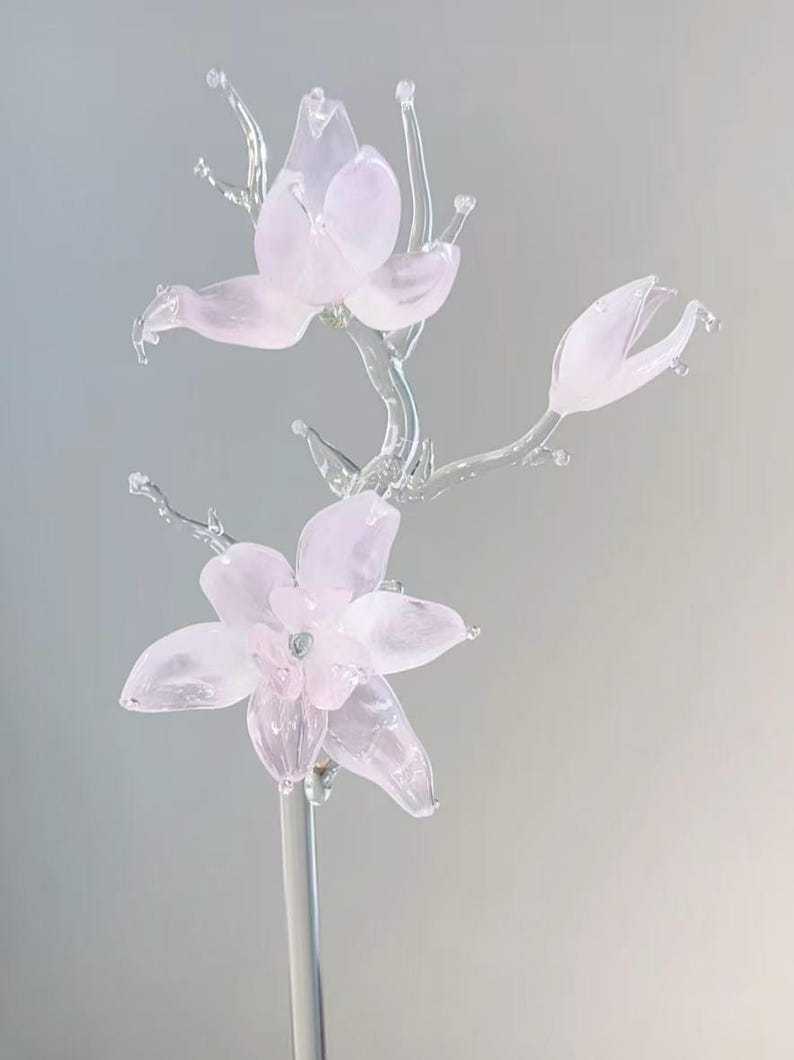 Handmade Pink Glass Magnolia Flower Sculpture, Elegant Home Decor