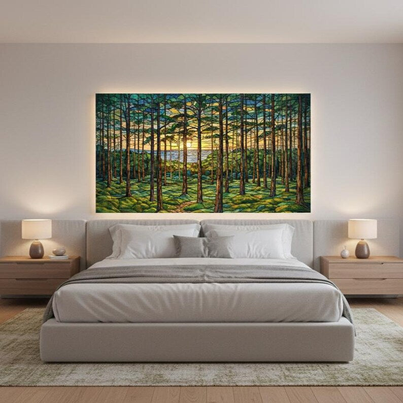 Stained Glass Forest Tempered Wall Art | Tree Painting Print | Landscape Sunset Glass Wall Art