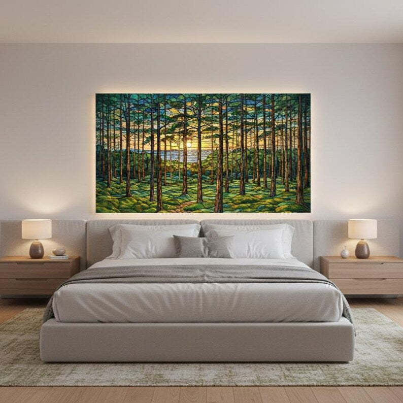 Stained Glass Forest Tempered Wall Art | Tree Painting Print | Landscape Sunset Glass Wall Art