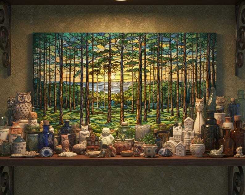 Stained Glass Forest Tempered Wall Art | Tree Painting Print | Landscape Sunset Glass Wall Art