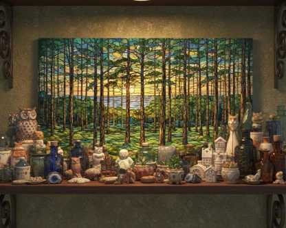 Stained Glass Forest Tempered Wall Art | Tree Painting Print | Landscape Sunset Glass Wall Art